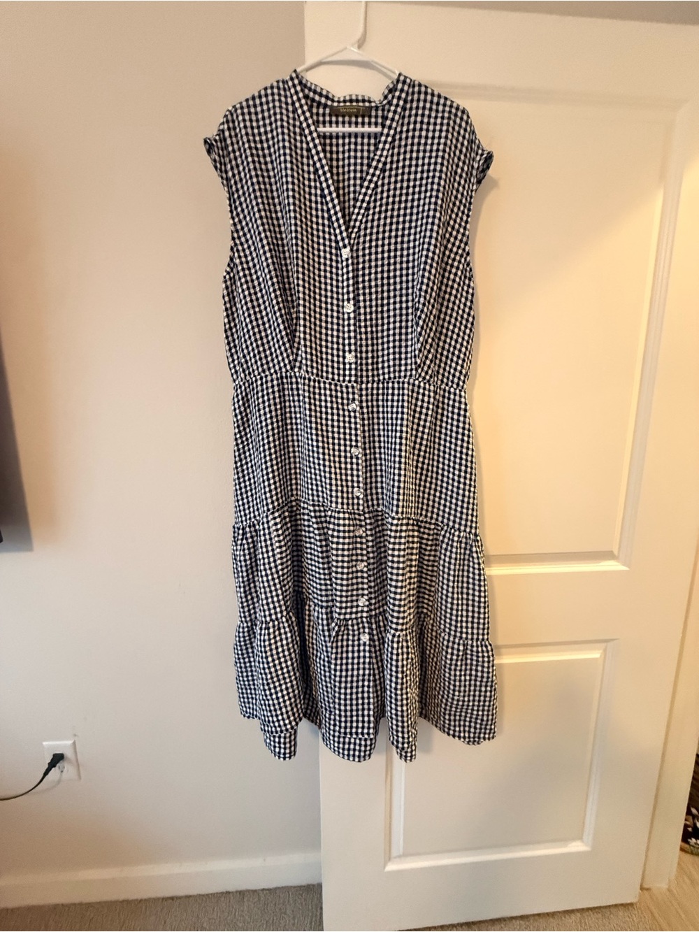 Sleeveless Black & White Gingham Button-Front Tiered Midi Dress